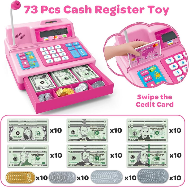 BAODLON Calculator Cash Register - 103 Pcs Pink Toy Cash Register, Microphone, Credit Card and Banking for Kids, Early Math Skills Toys Gifts for 3, 4, 5, 6 7 8+ Years Old Boys Girls - Image 2
